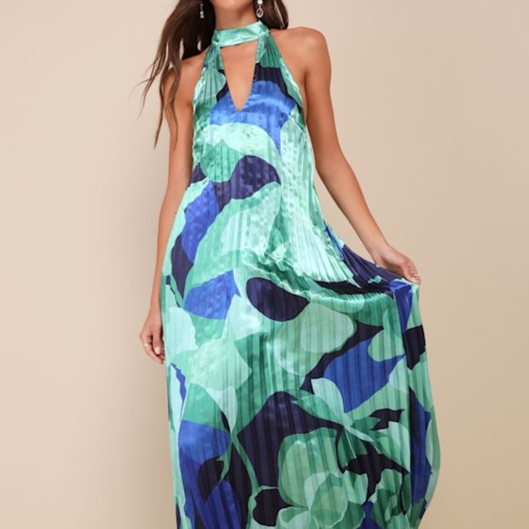 Lulus Prime Poise Green And Blue Abstract Satin Halter Maxi Dress - Size XS - Picture 1 of 1